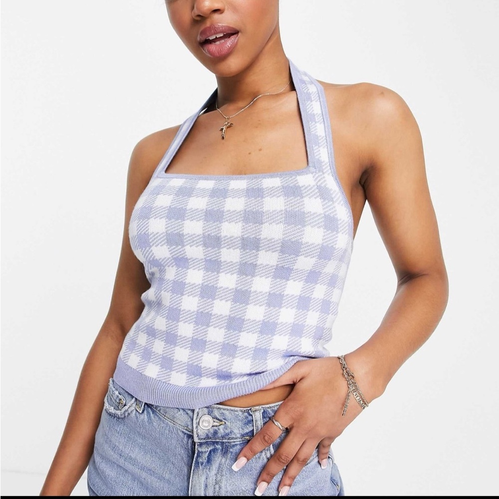 Abercrombie & Fitch Light Blue and White Plaid Tank Top